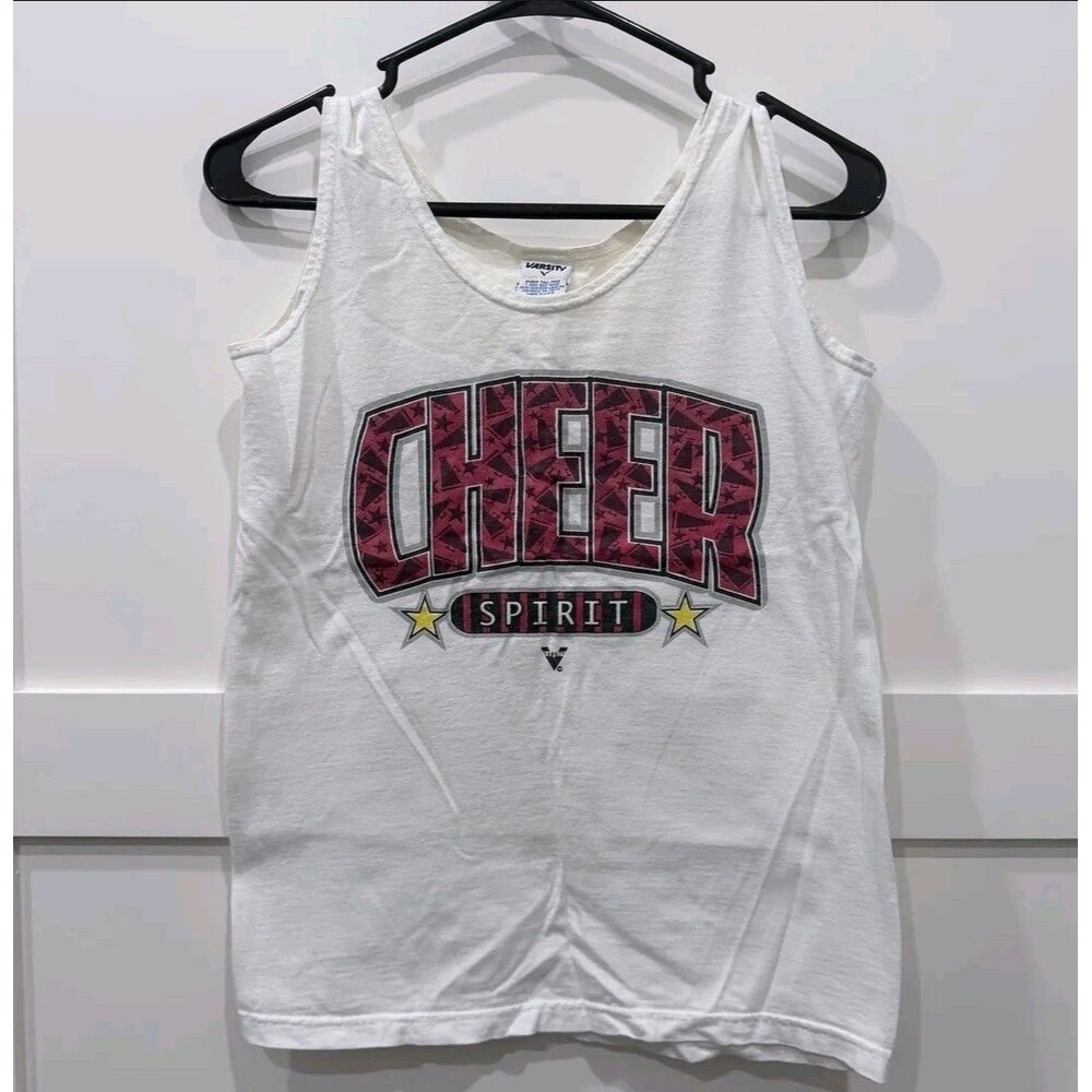 Vintage Y2K Varsity Spirit Cheer Tank Top Small White Pink Graphic Made in USA